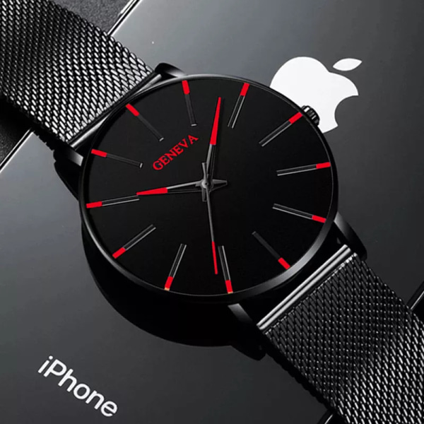 Rostfritt stål Mesh bälte Watch för män Minimalistisk ultratunn klocka Mode mäns watch relogio masculino Leather Black Orange