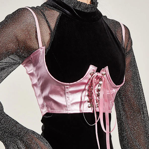 2022 Streetwear Gothic Mörk PU-läder Crop Top Kvinnor Hook Spets Up Punk Style Linne Cummer Bunds Korsett Tops Black