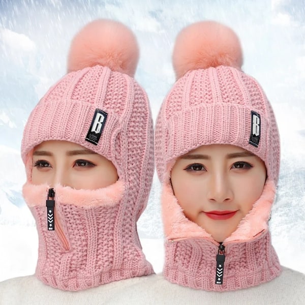 Dam Knittad Hatt Skidhatt Set Vindtät Vinter Utomhus Stickad Tjock Siamese Halsduk Krage Varm Håll Ansiktet Varmare Beanies Hatt Beige2