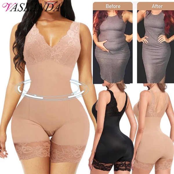 Kvinnor Spets Shapewear Helkroppar Bantning Body Shaper Korsett Waist trainer Shaping Underkläder Postpartum Recovery Slida Fajas Black L