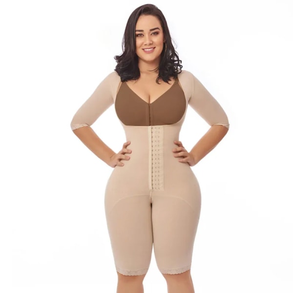 Shapewear med hög kompression med 3 krokar Långärmad öppen bröstknä Kroppsformare efter förlossning Kvinnor Fajas Colombianas Black L