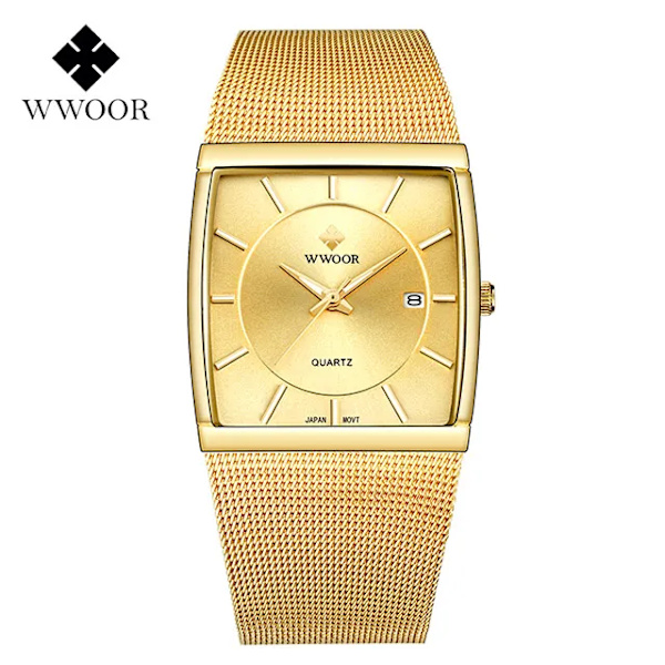 WWOOR Luxury Gold Watch Herr fyrkantig Japan Quartz Slim Steel Mesh Vattentät Sport Automatisk Date Armbandsur Relogio Masculino gold gold