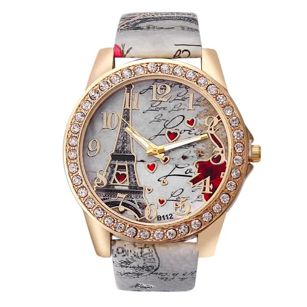 Kvinnor Stora Klockor Mode Lyx Kristall Paris Eiffel Tower Klockor Kvinnor Läderband Quartz Armbandsur Casual Damklockor Gray
