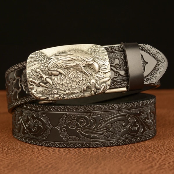 3,5 CM Eagle Alloy Automatiskt Spänne Cowskin Läder Bälte Kvalitet Herr Wasitbad Rem Äkta Läder Present Bussiness Bälte För Jeans Silver buckle Black 120cm