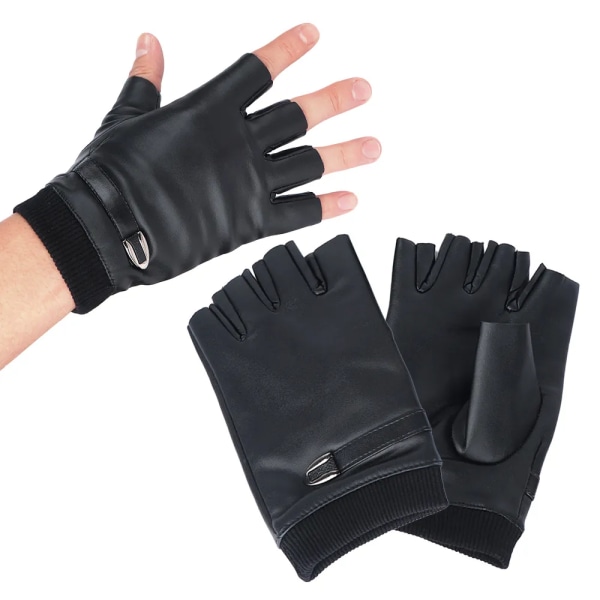 2022 Kvinnor Svart PU Läder Fingerless Handskar Solid Hona Knapp Varm Halvfinger Körning Män motor Punk Handskar Tjocka Guantes Black
