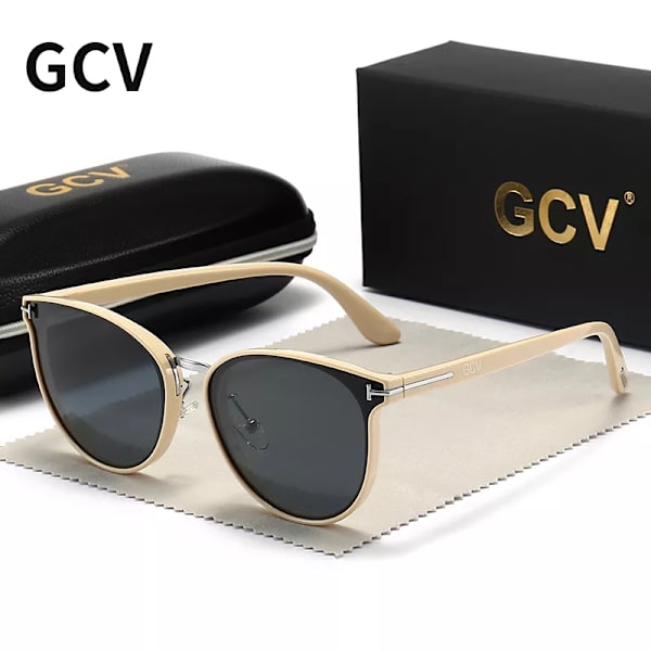 GCV Polarized Lady Solglasögon Cat Eye Mode Solglasögon Lyx Kvinna Kvinnligt Märke Ultralätt Båge Turism Fest Leisu RICE WHITE BLACK Polarized