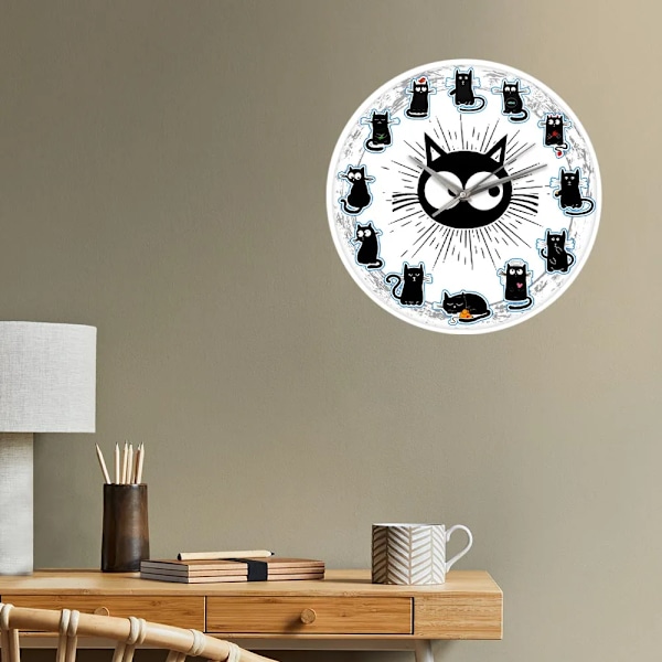 Svart Katt Glädje Stil Väggklocka Kattungar Väggkonst Tyst Klocka Cartoon Katter Barnrum Barnkammare Dekorativ Väggklocka Kattälskare Present Metal Frame