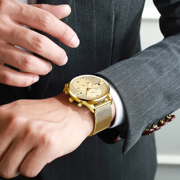 REWARD Business Herrklockor Toppmärke Lyx Chronograph Vattentät Quartz Watch Herr Rostfritt stål Sport Date Armbandsur Golden(.279)