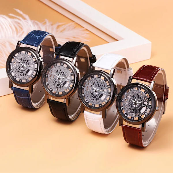 2020 Herrklockor Mode Transparent Hollow Klockor Läderband Quartz Armbandsur Kampanjpris Reloj Hombre gold black2