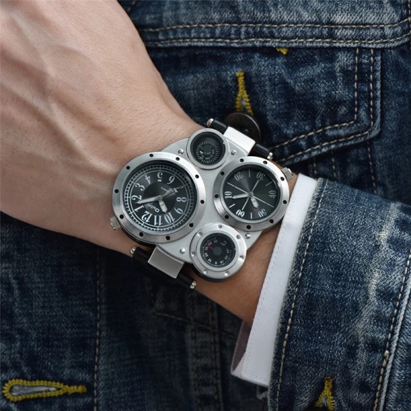 Oulm Unika Sport Herrklockor Toppmärke Lyx 2 Tidszon Watch Dekorativ Kompass Watch för män Black