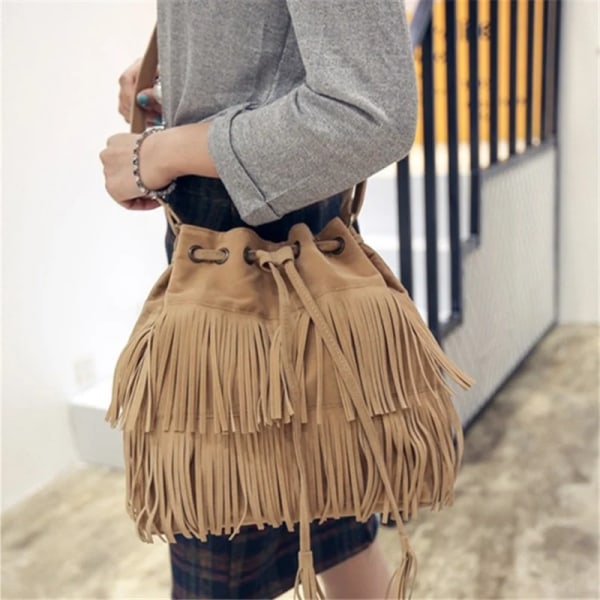 Mode Retro Faux Mocka Fringes Dam Messenger Bags Tote Ny Handväska Tofs Axel Handväskor Crossbody Bag Tofs Hink Black