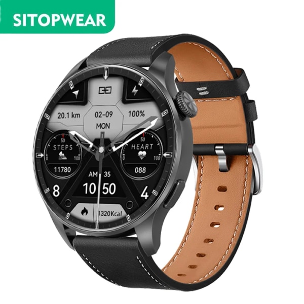 SITOPWEAR Business Smart Watch NFC Smartwatch för män Bluetooth Samtal Sport Fitness Tracker Hälsomonitor Trådlös laddning All Black Leather