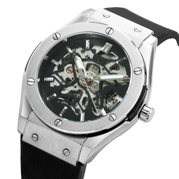VINNARE Automatisk mekanisk watch för män Gummiband Skeletturtavla Manklocka Militärsportstil Armbandsur SILVER WHITE