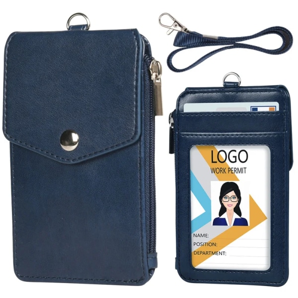 5Slots Unisex arbetskortshållare med rem PU Bankkortsnamn Kreditkortsinnehavare Buss-ID-innehavare Identitetsmärke med nackrem Dark Blue