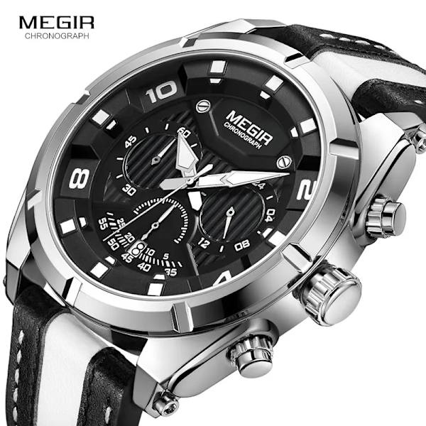 MEGIR Mode Herrkronograf Kvartsklockor Läderrem Lysande händer 24-timmars Sport Analog Armbandsur för Man 2076Vit White Black-Box