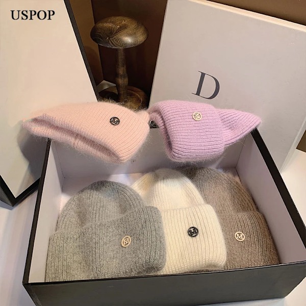 Uspop Nya Dammössor Vinter Tjocka Varma Stickade Mössor Enfärgad Bokstav M Mjukt Hår Skullies Beanies Black elastic 53-59 cm