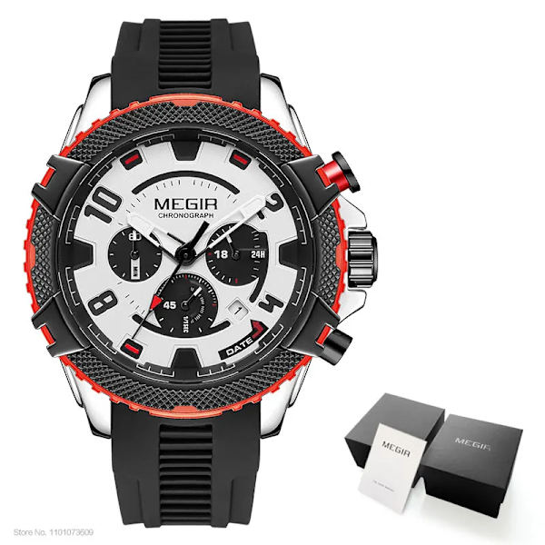 MEGIR Watch för män Orange silikonrem Sport Chronograph Quartz Armbandsur med datum 24-timmarsdisplay 3atm Vattentät Black Red-Box