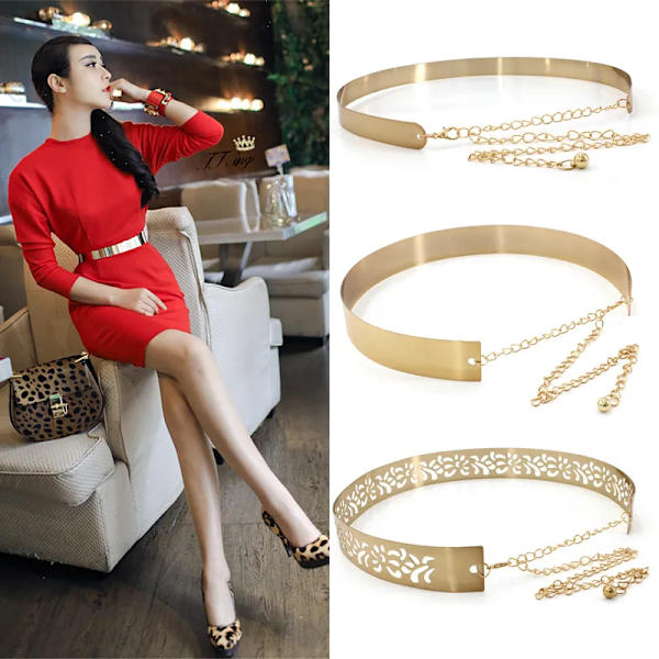 Modedesigner Guld Silver Justerbar Metall Bred Bling Midjeband Tallrik Damkedjor Midjebälte Kvinna Spegel Midjeband Golden 3.5cm One Size