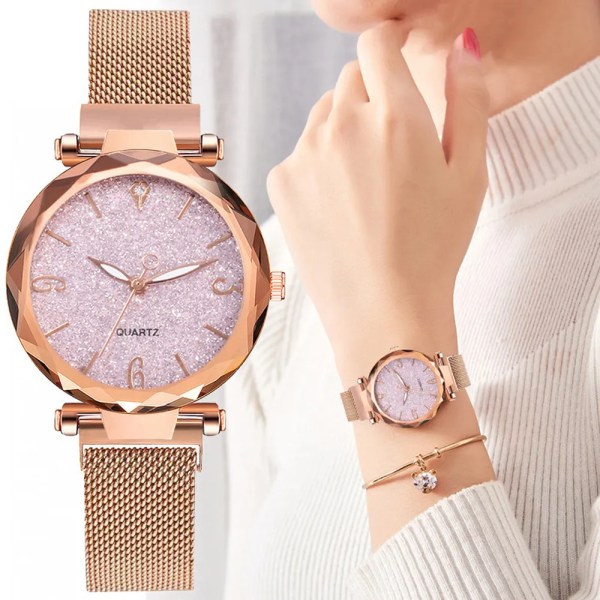 Mode Damklockor Enkel Rose Gold Mesh Bälte Watch Quartz Armbandsur Lyx Dam Business Casual Watch Reloj Mujer Pink