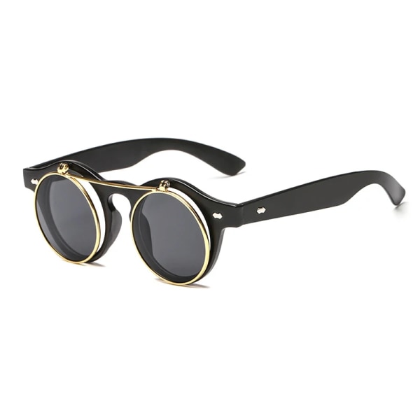 2022 Vintage Runda Steampunk Flip Up Solglasögon Klassiska Dubbellagers Clamshell Design Mode Solglasögon Oculos De Sol SAND BLACK GREY Brand Package