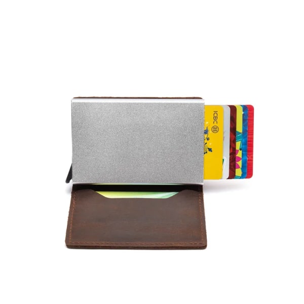 ZOVYVOL 2023 Ny RFID-korthållare i äkta läder Case Clutch Popup-plånbok Äkta läder Aluminiumlåda Tunna smarta plånböcker Brown YM010