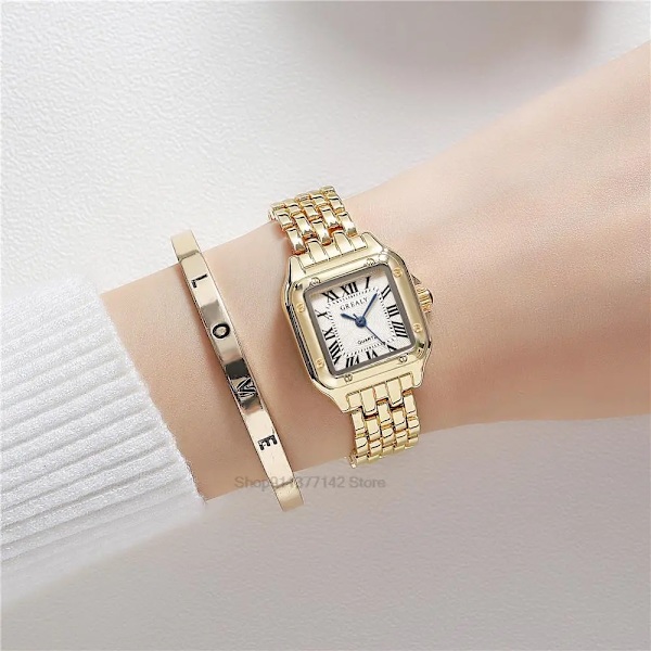 2023 Lyx Dammode Fyrkantiga Klockor Guldlegering Armband Dam Quartz Armbandsur Kvaliteter Klockor i romersk skala gold(.398)