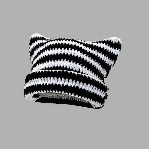 Ny Japansk Beaniehatt Ins Liten Djävul Randig Stickad Mössa Höst Och Vinter Söta Kattungeöron Spetsig Tröja Dammössor Dark Grey