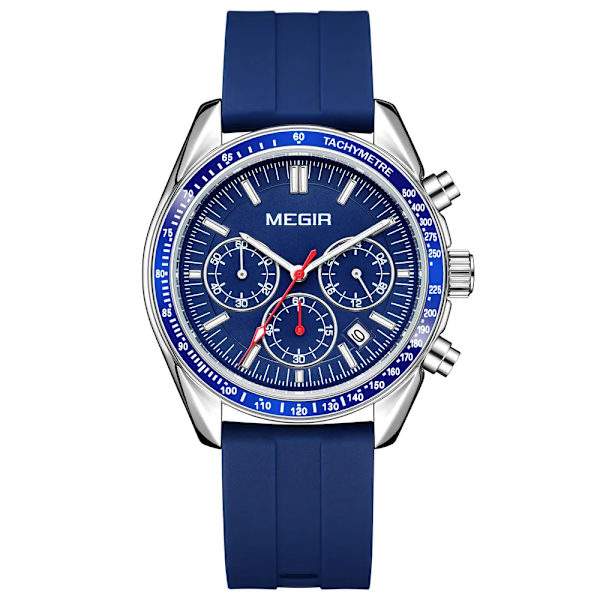 MEGIR Chronograph Quartz klockor för män Militär sport Vattentät herrarmbandsur med silikonrem Auto Date Lysande händer Blue