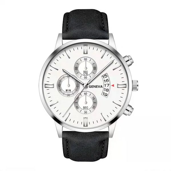 Watch Mode Sport Handled Legering Case Läderband Quartz Business Armbandsur Kalenderklocka Present 02 Silver-White