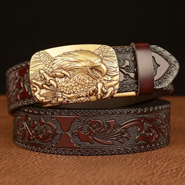 3,5 CM Eagle Alloy Automatiskt Spänne Cowskin Läder Bälte Kvalitet Herr Wasitbad Rem Äkta Läder Present Bussiness Bälte För Jeans Golden buckle Black 130cm