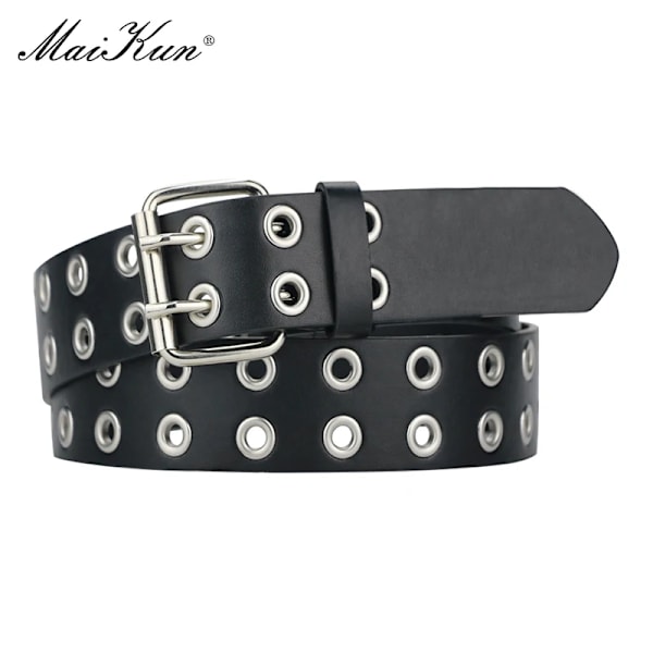 MaiKun Kvinnor Punk Goth Bälten Märke Läder Kvinnor Grunge Bälte Halloween Double Pin Spänne Kvinnlig Bälte för Jeans Streetwear AllBlack 100cm
