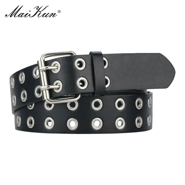 MaiKun Kvinnor Punk Goth Bälten Märke Läder Kvinnor Grunge Bälte Halloween Double Pin Spänne Kvinnlig Bälte för Jeans Streetwear RoundBuckle 100cm