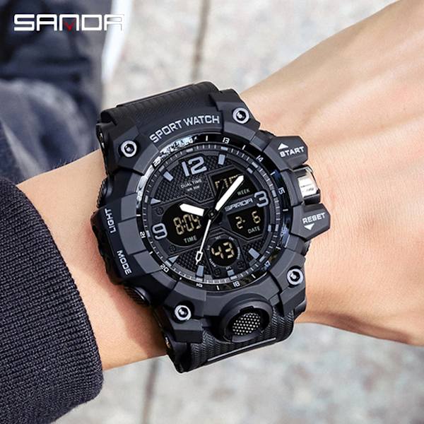 SANDA Herr Militärklockor Vit watch LED Digital 50M vattentät watch Manklocka Relogio Masculino 942 Ms black
