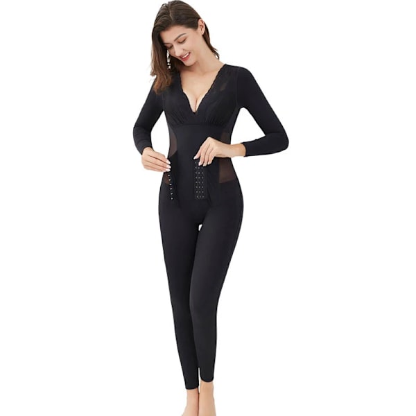 Hellängd Shapewear Bodysuits Kvinnor Kroppsformare Bantning Underkläder Spets V-ringad Sexig kropp Öppen gren Black L