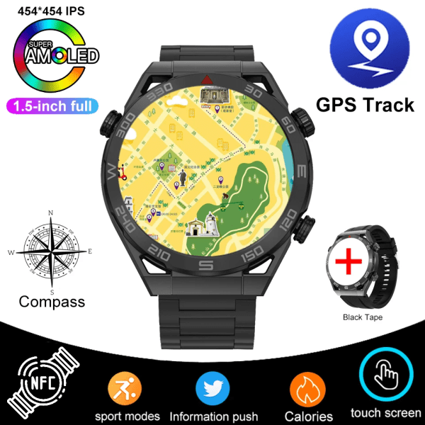 GPS-bana Ny Smartwatch Herr 1,5 tum 454*454 HD Bluetooth Calling NFC-klockor Kompass Vattentät EKG Smartwatch För Huawei Black steel strip