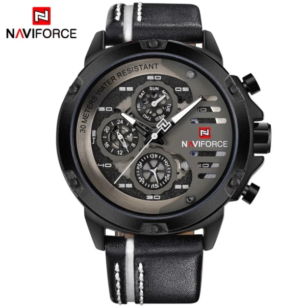NAVIFORCE Herrklockor Toppmärke Lyx Vattentät 24 timmar Date Quartz Watch Man Läder Watch Herr Vattentät klocka BWB
