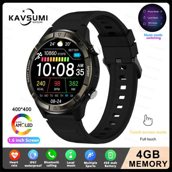 Ny 4G Memory Smart Watch AMOLED 454*454 HD Visa alltid tiden Bluetooth Ring Smartwatch For Herr Huawei TWS hörlurar Dark grey 4GB Memory