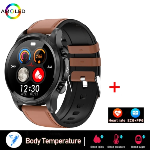 V2 GEJIAN Ny EKG+PPG Heart Rate Smart Watch Herr Bluetooth -telefon Healthy Sports Vattentät Smartwatch för IOS Android belt brown