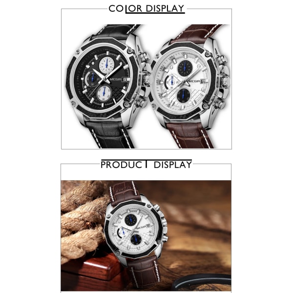 MEGIR Officiell kvarts klockor för män i äkta läder Sport Racing Män Studenter Game Run Chronograph Watch Man Glow Hands Black