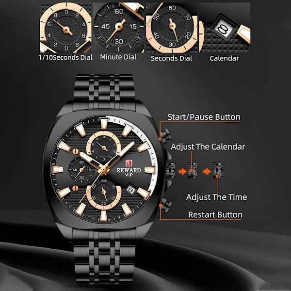 REWARD Herrklockor Toppmärke Lyx Rostfritt stål Kronograf Watch För Herr Mode Datum Vattentät Klocka Reloj Hombre Silver Golden