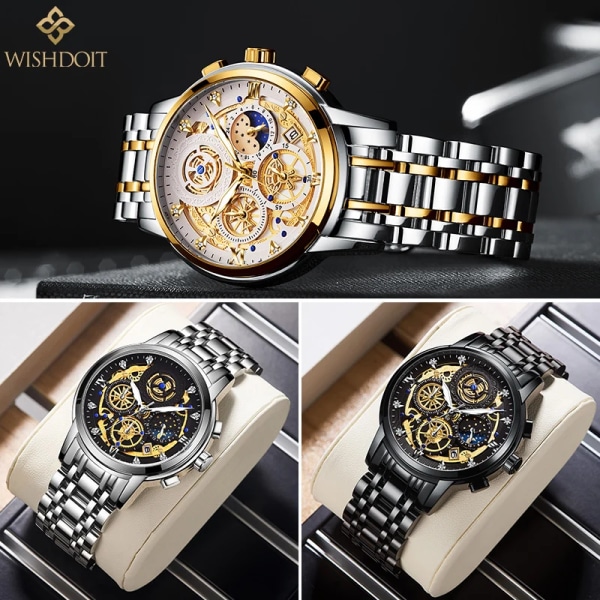 WISHDOIT Watch för män vattentät rostfritt stål Kvarts Analog Fashion Business Sun Moon Star Armbandsur Toppmärke Silver All Gold