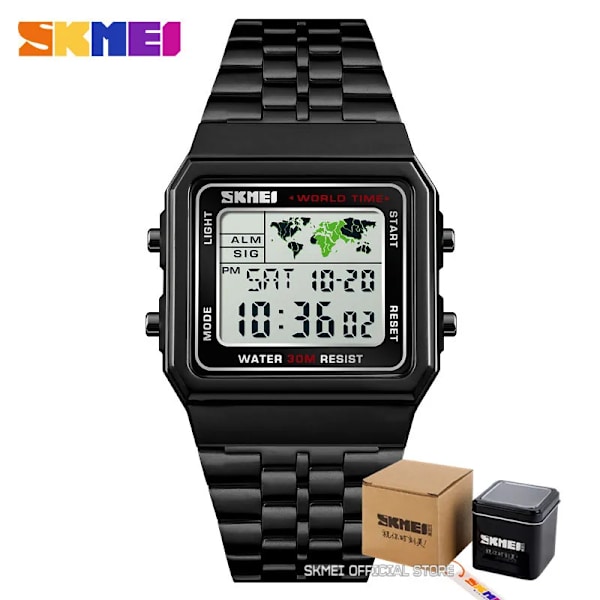 SKMEI Top Lyx Mode Watch Herr Väckarklocka 3Bar Vattentät Rostfritt stål Armband Digitala klockor reloj hombre 1338 black with box