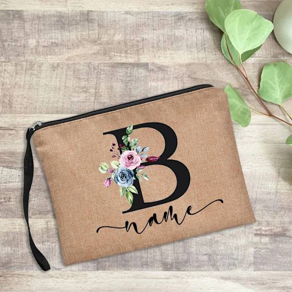 Personligt namn Kvinnor Sminkväska Alfabet Blommor Canvas Kosmetiska fodral Handväska Utomhusfest Bröllopspresenter Kawaii Makeup D4blackfB