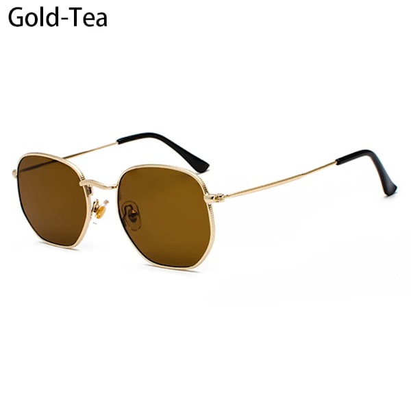 Små fyrkantiga solglasögon Hexagon solglasögon Dam Märke Designer Män Metallbåge Körning Fiskeglasögon UV400 Coola strandglasögon Gold-Tea