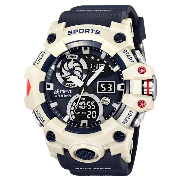 STRYVE Märke Herr Sportklockor Dual Display Analog Digital LED Elektronisk Quartz Armbandsur 50m Vattentät Watch 8027 Transparency red