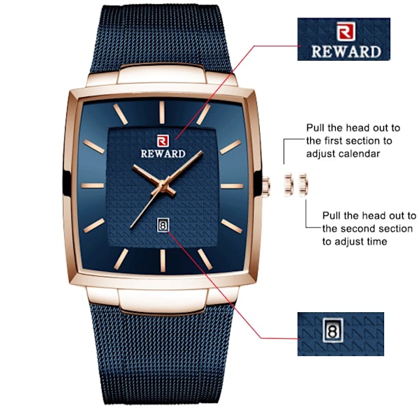 REWARD Mode Blå Herrklockor 2023 Ny Topp Watch Herr Business Vattentät Quartz Armbandsur i rostfritt stål Blue(.401)