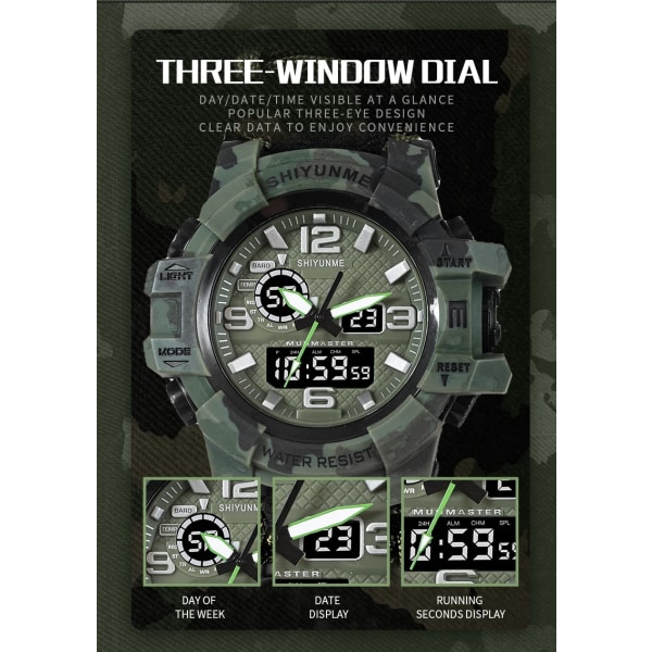 Män Militärsport LED Digitala klockor Kompass Utomhus Multifunktion Vattentät Watch för män Relogio Masculino 2201D camouflage green