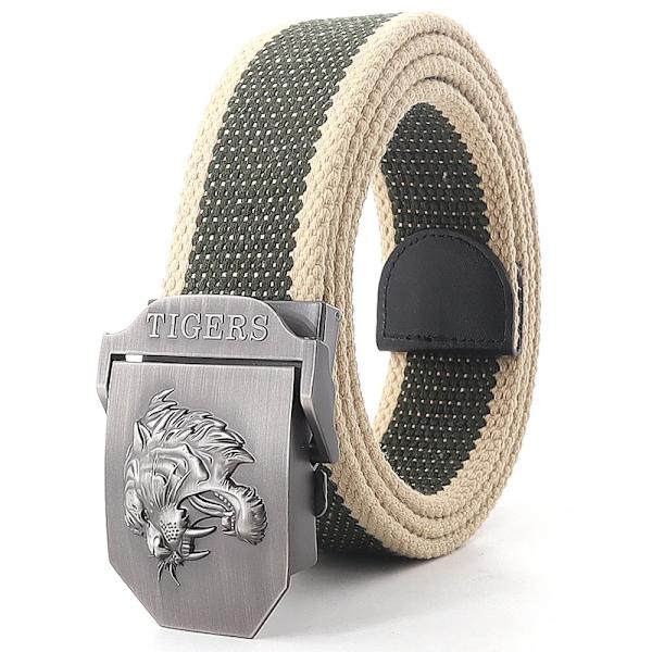 Ny canvas utomhus taktiskt armébälte 3D tigerhuvud Emblem metallspänne unisex jeansbälte för män Militärbälte Man sportrem Army Green Rice Edge 130cm