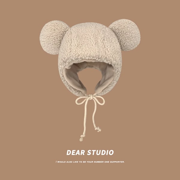Vintermössa för kvinnor, trendig enfärgad beanie med söta björnöron, varm mössa, vindtät keps med öronlappar, mössa i lammull, present till kvinnor B-light Khaki 56-58cm