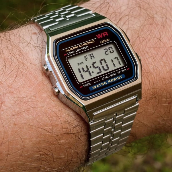 F91W Digitala herrklockor Lyxig rostfritt stål länkarmband Watch Band Business Elektronisk manlig klocka Reloj Hombre Gold(.572)